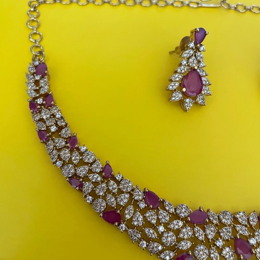 Gold-Tone Necklace & Earring Set with Pink Gem Accents